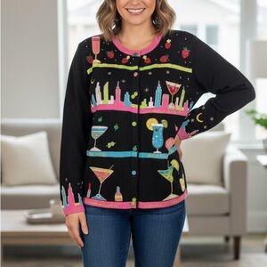 VINTAGE Berek Margarita City Sweater Black Colorful‎ Cardigan Hand Knit 90s M